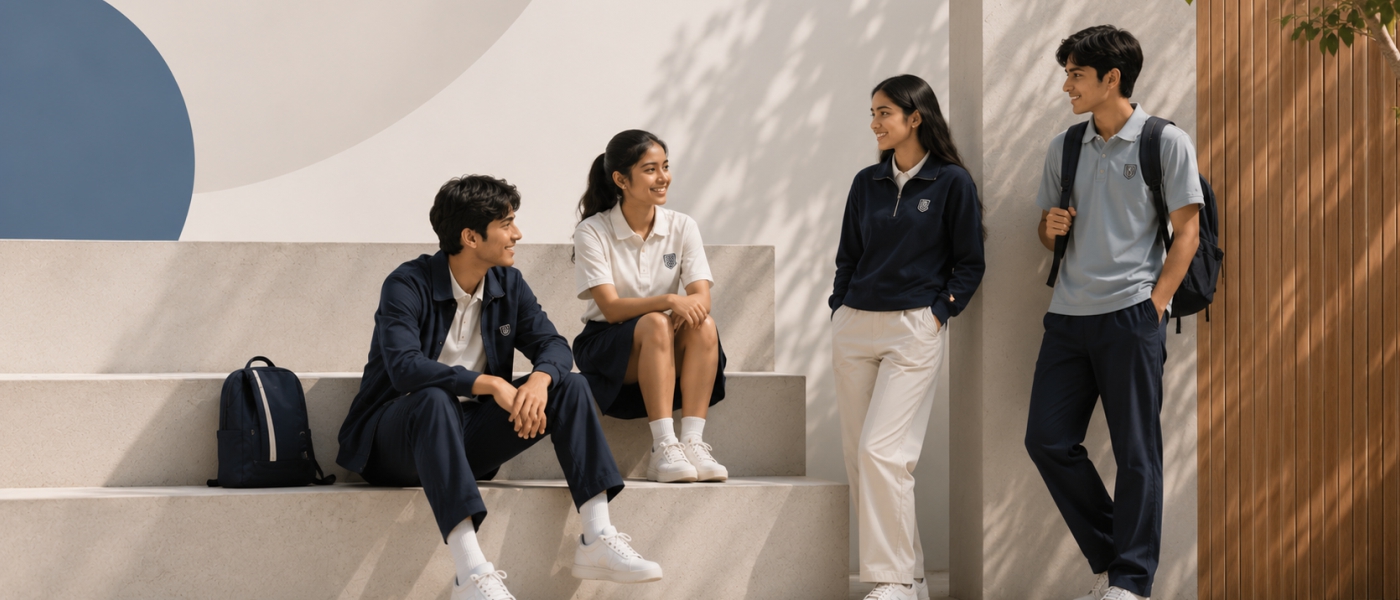 Students sitting together on campus steps