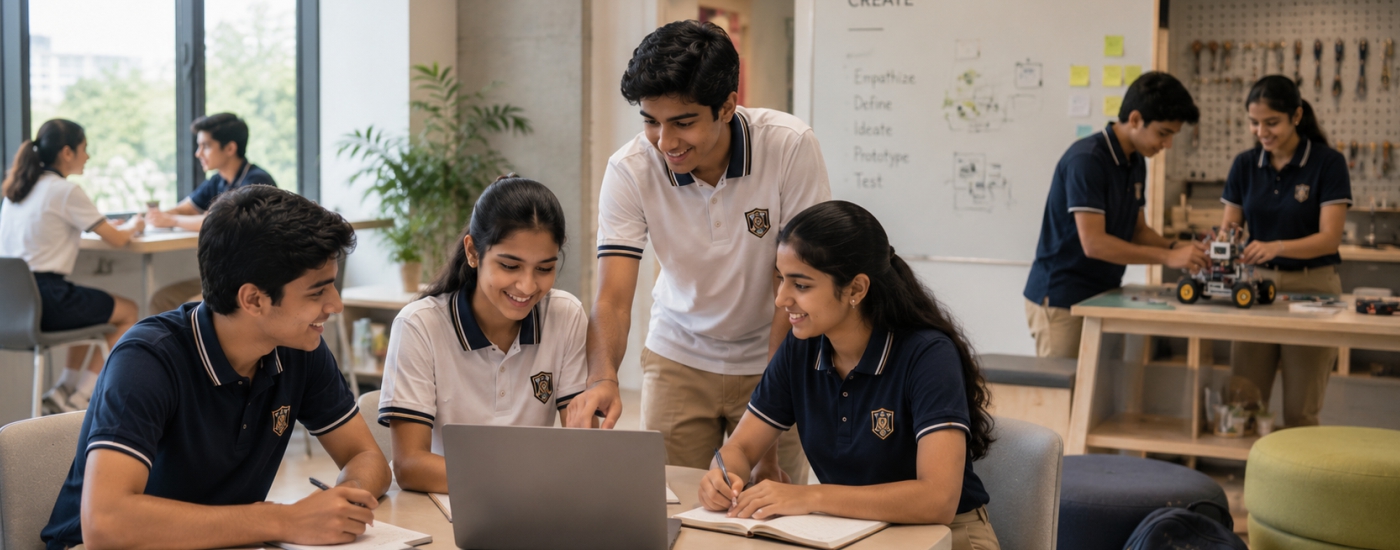 Students collaborating around a laptop